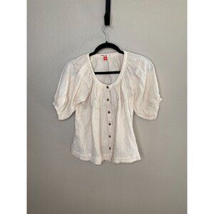 Marine Layer Womens Ivory Short Sleeve Button-Up Blouse Textured Cotton XS